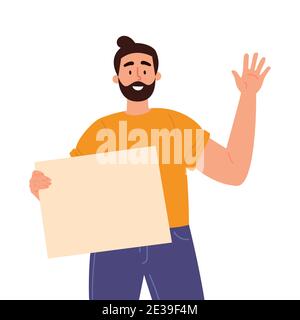 Man holding a blank poster with place for text.  Stock Vector