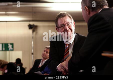 Danish president of the Party of European Socialists (PES) Poul Nyrup Rasmussen shakes hands to French Socialist deputy and former French Prime minister Laurent Fabius during Socialist Party National Convention at La Defense, near Paris, France on October 9, 2010. Photo by Stephane Lemouton/ABACAPRESS.COM Stock Photo