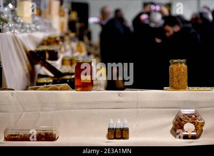 Damascus, Syria. 17th Jan, 2021. Honey products are seen at an exhibition showcasing various types of locally-made honey and equipment for honey makers in Damascus, Syria, on Jan. 17, 2021. Credit: Ammar Safarjalani/Xinhua/Alamy Live News Stock Photo