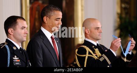 U.S. President Barack Obama awards U.S. Army Staff Sgt. Salvatore Giunta the Medal of Honor for conspicuous gallantry in the East Room of the White House November 16, 2010 in Washington, DC. Staff Sergeant Giunta, of Cedar Rapids, Iowa, received the Medal of Honor for his courageous actions during combat operations in the Korengal Valley, Afghanistan in October 2007. Giunta is the first living recipient of the Medal of Honor since the Vietnam War. Photo by Olivier Douliery /ABACAPRESS.COM Stock Photo