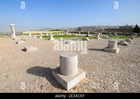 Remains of Umayyad Mosque in Amman Citadel, Jordan. Ancient columns in the Citadel of Amman in the Middle east. Stock Photo