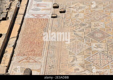 Byzantine mosaic on the floor of Church of St John the Baptist ruins in Jerash (Gerasa), Jordan, Middle East. Mosaic floor from byzantine period. Stock Photo