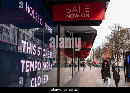 London, UK. 17th Jan, 2021. Pedestrian walk pass House of Fraser in London, UK on January 17, 2021. Latest Covid-19 lockdown slams UK business owners. Credit: May James/ZUMA Wire/Alamy Live News Stock Photo