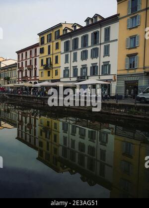 Panorama reflection of historic buildings in Naviglio Grande Pavese water canal in Milan Lombardy Italy in Europe Stock Photo