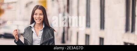 Asian woman beauty model walking in city urban lifestyle panorama banner. Young people shopping luxury travel background Stock Photo