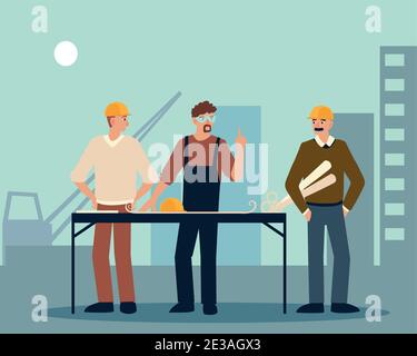 builder and architects male in the construction place with blueprints vector illustration Stock Vector