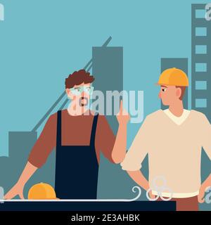 Construction site. Industrial workers architects, builders, vector ...