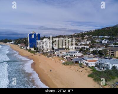 Aerial of the beach erosion in front of luxury houses and apartments at Collaroy Beach on the northern beaches of Sydney Australia Stock Photo