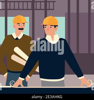 builders and architects, man architect showing drawing building blueprint on table to construction worker vector illustration Stock Vector