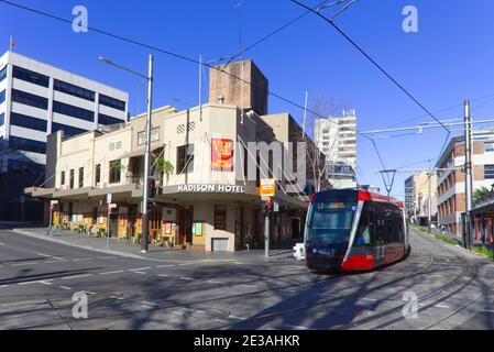 The Sydney Light Rail public transport system operating in the CBD of Sydney Australia Stock Photo