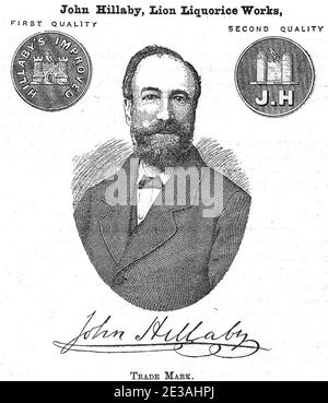 JOHN HILLABY, LION LIQUORICE WORKS, PONTEFRACT, Yorkshire, UK. Trade mark.  An etching, engraving or lithograph from the Victorian Era. Stock Photo