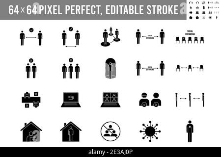 Simple Set of social distancing icon. Icons, self quarantine, stay home, work from home, avoid crowded place, space. Keep your distance. 64x64 pixel Stock Vector