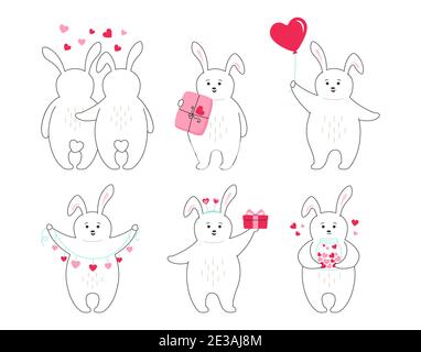 Valentines Day rabbit cartoon set. Character animal for greeting card with animal rabbit hug and love. Draw doodle romantic pastel color, cute rabbits. Vector illustration about love, hearts Stock Vector