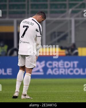 Milan, Italy. 17th Jan, 2021. Juventus' Cristiano Ronaldo reacts during a Serie A soccer match between Inter Milan and Juventus in Milan, Italy, Jan. 17, 2021. Credit: Alberto Lingria/Xinhua/Alamy Live News Stock Photo