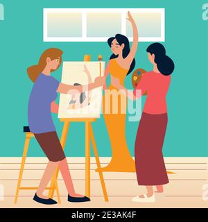 young women painting with brush on canvas in a studio a model female Stock Vector