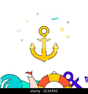Ship anchor filled line vector icon, simple illustration, water safety and watercraft related bottom border. Stock Vector