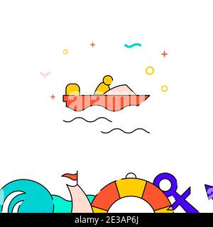 Power boat, motorboat filled line vector icon, simple illustration, water safety and watercraft related bottom border. Stock Vector