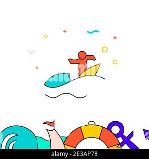 Surfer, surfing filled line vector icon, simple illustration, water safety and watercraft related bottom border. Stock Vector