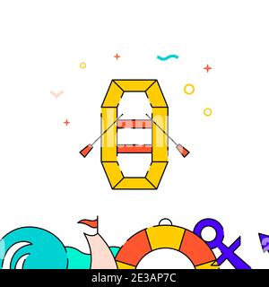 Inflatable boat with oars filled line vector icon, simple illustration, water safety and watercraft related bottom border. Stock Vector
