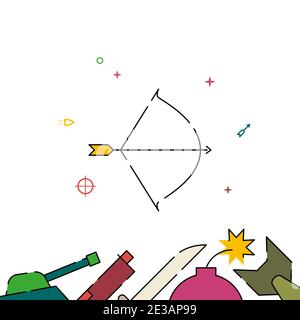 Pulled bow and arrow filled line vector icon, simple illustration, weapon related bottom border. Stock Vector