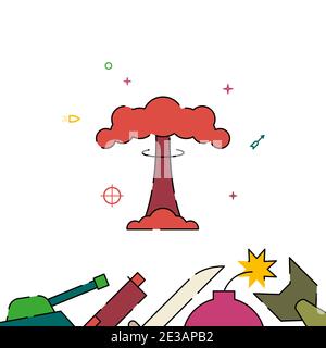 Nuclear explosion, mushroom cloud filled line vector icon, simple illustration, weapon related bottom border. Stock Vector