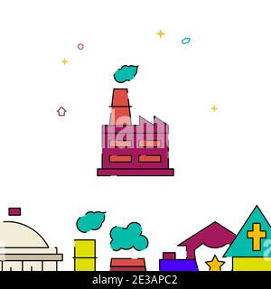 Plant, factory with smoking chimney filled line vector icon, simple illustration, building, house related bottom border. Stock Vector