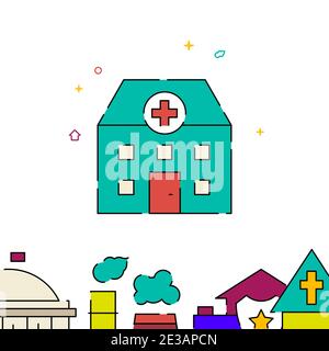 Hospital filled line vector icon, simple illustration, building, house related bottom border. Stock Vector