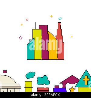 Big city skyscrapers filled line vector icon, simple illustration, building, house related bottom border. Stock Vector