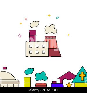 Combined heat and power plant filled line vector icon, simple illustration, building, house related bottom border. Stock Vector