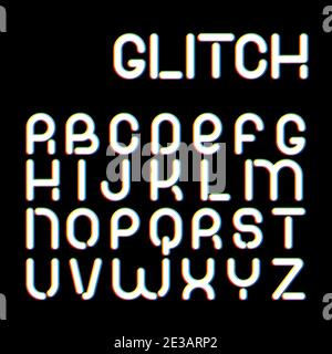 3d Glitch effect font. Latin letters from A to Z. Trending 2021 typerface design. For music events, banner, flyer, cover design. Stock Vector