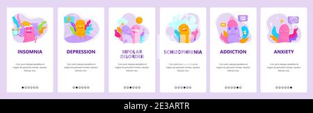 Mental disorders. Insomnia, depression, addiction, schizophrenia. Mobile app screens, vector website banner template. Stock Vector
