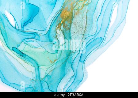 Alcohol ink blue and gold abstract stains on white background