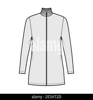 Turtleneck zip-up dress technical fashion illustration with long sleeves, mini length, oversized body, Pencil fullness. Flat apparel template front, grey color. Women, men, unisex CAD mockup Stock Vector