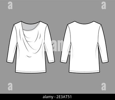 T-Shirt draped technical fashion illustration with long sleeves, tunic length, oversized. Apparel blouse top outwear template front, back, white color. Women men unisex CAD mockup Stock Vector