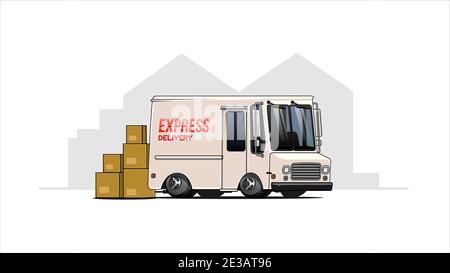 isolated delivery van and package with sillhouette warehouse background vector illustration Stock Vector