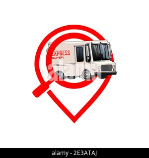 delivery tracking. delivevery van inside pin location and search icon. unique concept vector illustration Stock Vector