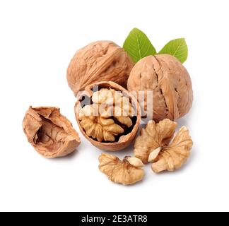 Walnuts with leaves isolated on white backgrounds. Stock Photo