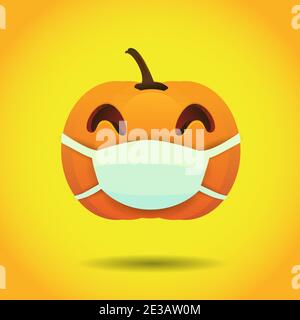 smile halloween pumpkin face with closed eyes wearing a white surgical mask vector illustration Stock Vector