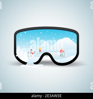 skiing in the mountain inside ski google paper cut vector illustration Stock Vector