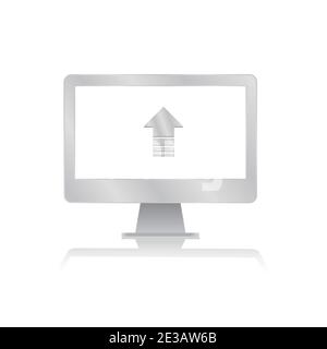 up arrow fo upload icon inside blank screen computer monitor with reflection minimalist modern icon vector illustration Stock Vector