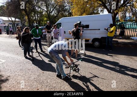Johannesburg, South Africa - April 30, 2015: Behind the Scenes on location on set of music video production using a large drone for filming Stock Photo