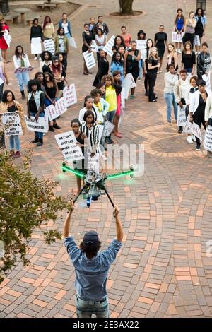 Johannesburg, South Africa - April 30, 2015: Behind the Scenes on location on set of music video production using a large drone for filming Stock Photo