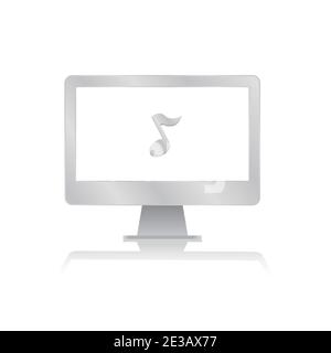 music notes inside blank screen computer monitor with reflection minimalist modern icon vector illustration Stock Vector