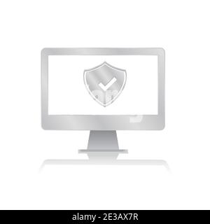 checked shield for scure symbol inside blank screen computer monitor with reflection minimalist modern icon vector illustration Stock Vector