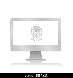 approval check certified stamp inside blank screen computer monitor with reflection minimalist modern icon vector illustration Stock Vector