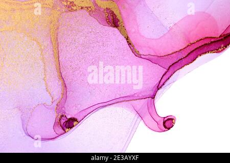 Alcohol ink pink and gold abstract stains. Drops watercolor transparent texture Stock Photo