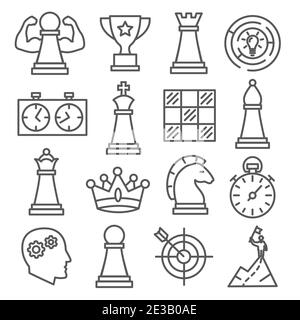 Chess line icons set on white background Stock Vector