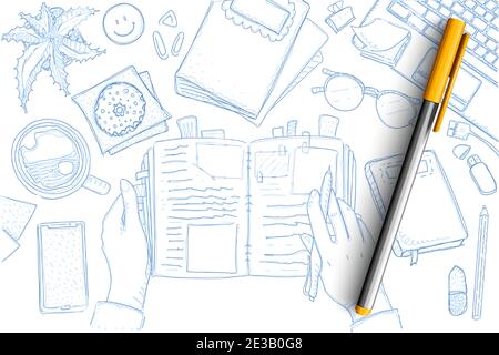 Notes of traveler doodle set. Collection of hand drawn tourist hands with notebook and memories, maps, starfish, smartphone, pencil, laptop and vacation symbols isolated on transparent background Stock Vector