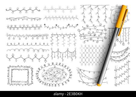 Elegant patterns and lines doodle set. Collection of hand drawn vintage decorative lines and patterns with floral and curving elements hanging and making circles isolated on transparent background Stock Vector