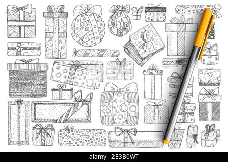 Holiday present in boxes doodle set. Collection of hand drawn festive holiday gifts in wrapping paper decorated with ribbons isolated on transparent background. Illustration of birthday and Christmas Stock Vector